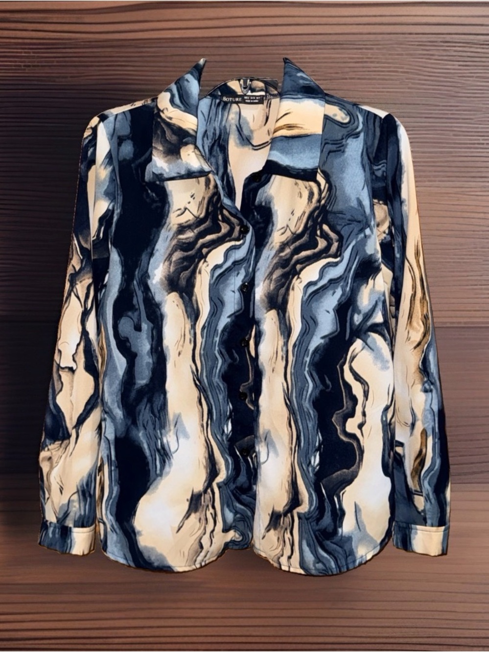 Boture Women’s Marble-Pattern Lightweight Button DN in Navy & Cream-S/4-EC